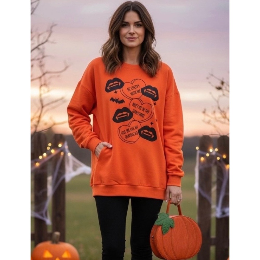 NEW Halloween Vampire Hearts Graphic Sweatshirt Orange Oversized Size 2XL Tops